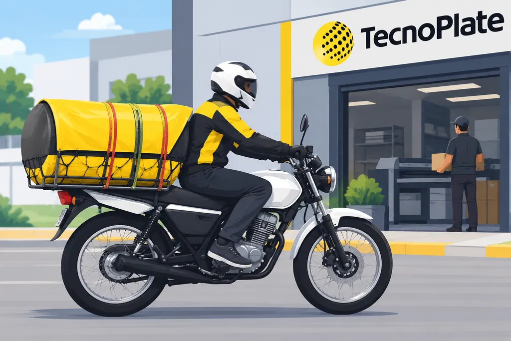 Ilustración del tecnotransporte: una motocicleta de Tecnoplate con el cilindro amarillo donde viajan las placas, sujetado con correas y red, saliendo del taller